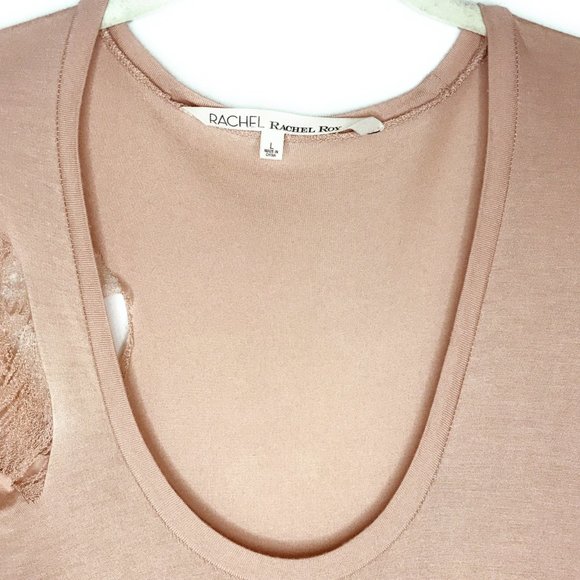Rachel Roy U-Neck Ripped Tan T'Shirt - Size M - Picture 3 of 6